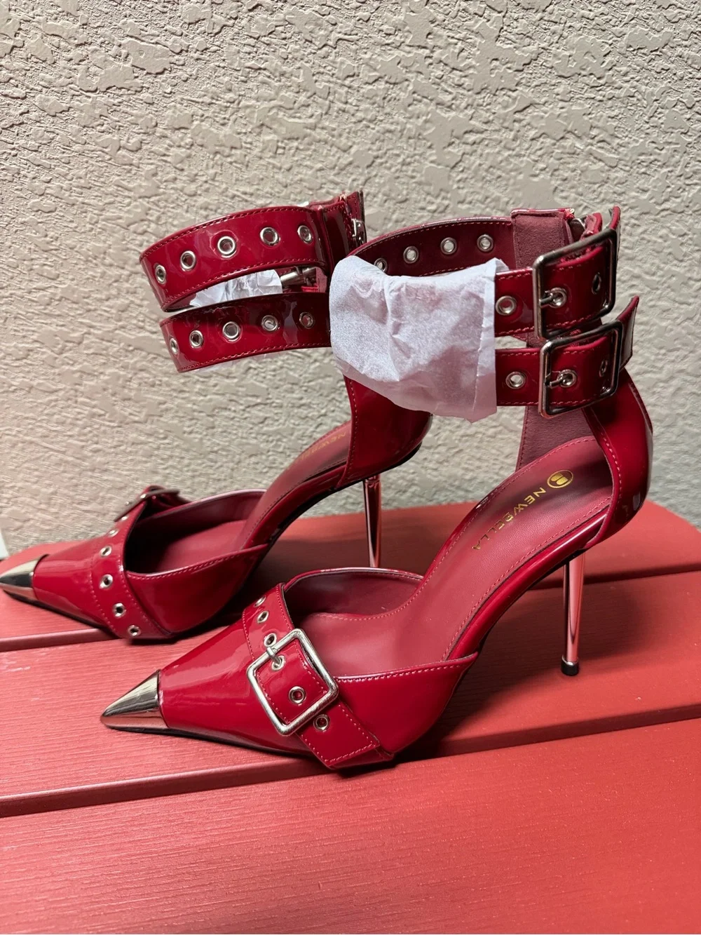 Red Pointed Toe Ankle Strap Stiletto Heels with Buckle Detail NEW